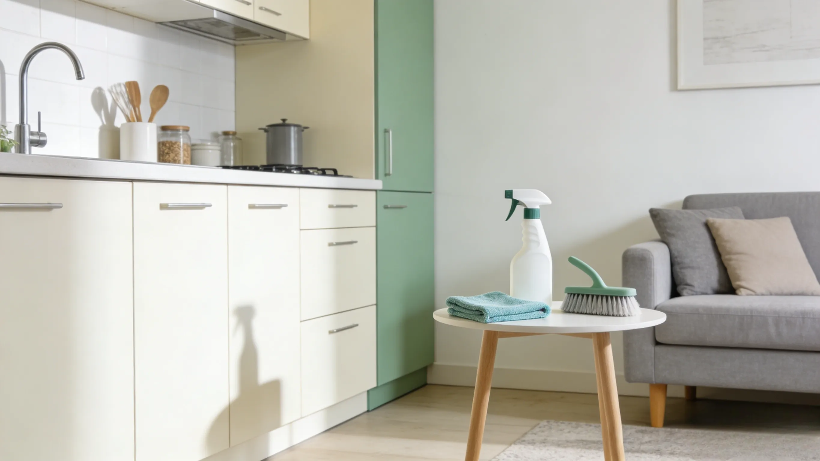 Fresh kitchen scene with cleaning supplies