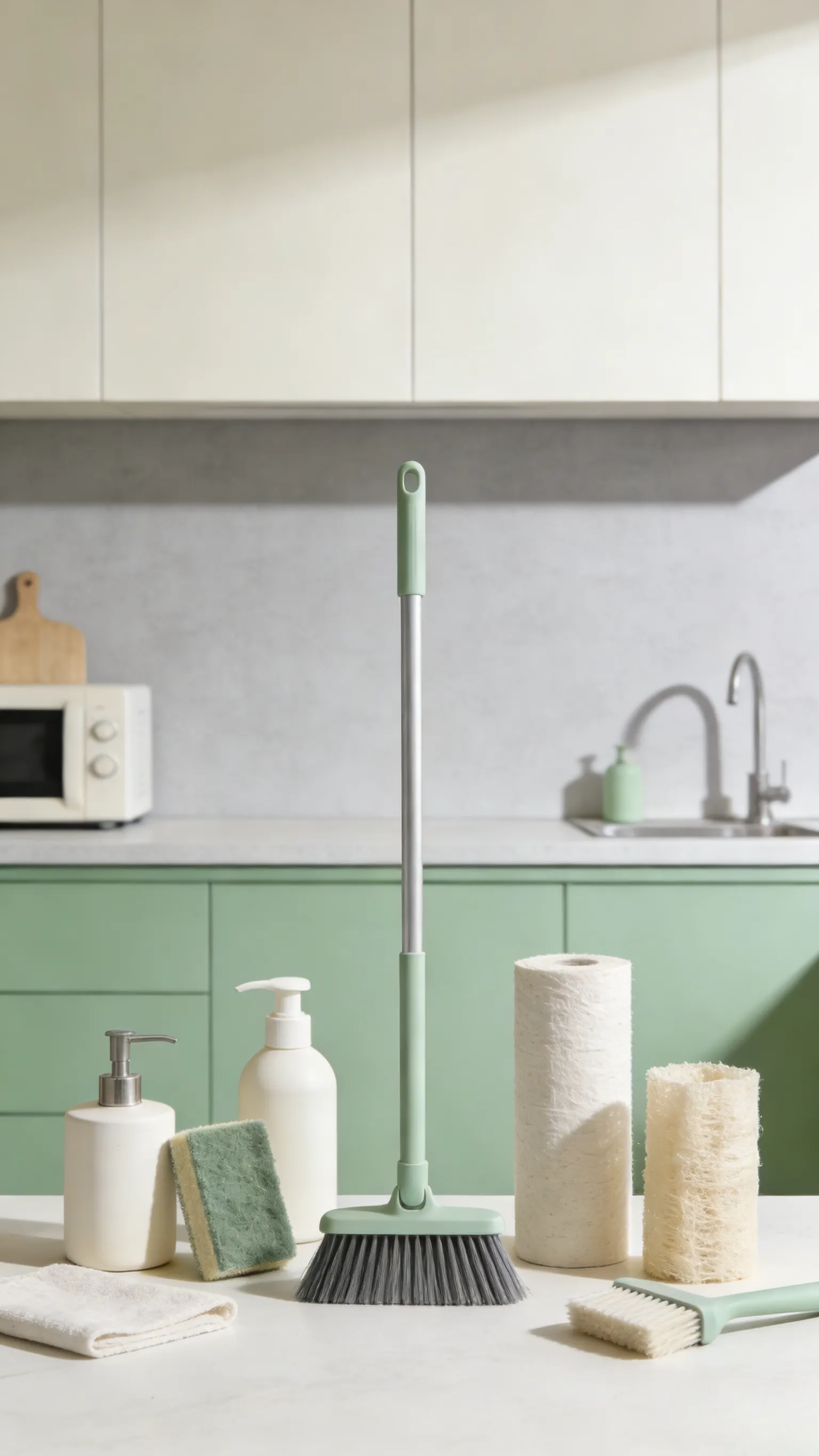 Fresh kitchen scene with cleaning supplies